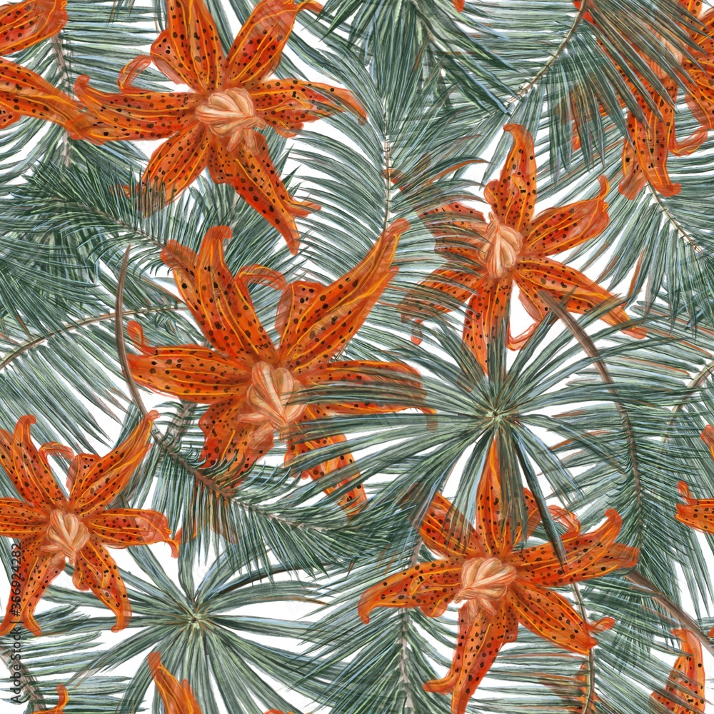 Fototapeta premium Tiger lily and palm leaves summer seamless pattern.