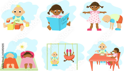 Children set of a boy and a girl. Preschoolers  six vector illustration. Different kids activities. Childhood concept.