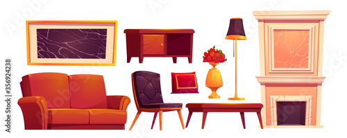 Luxury old living room stuff. Classic style furniture, fireplace with marble stone texture, leather couch, armchair and coffee table, floor lamp, decorative pillow and flower vase, Cartoon vector set