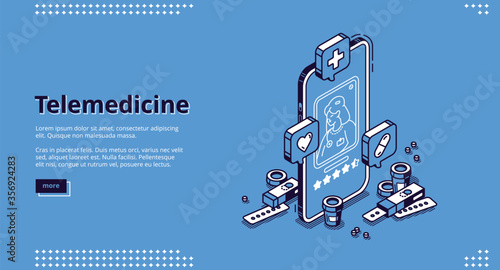 Telemedicine isometric landing page. Distance online medicine application for mobile phone. Smartphone screen with doctor chat messages and tablets on blue background, 3d vector line art web banner