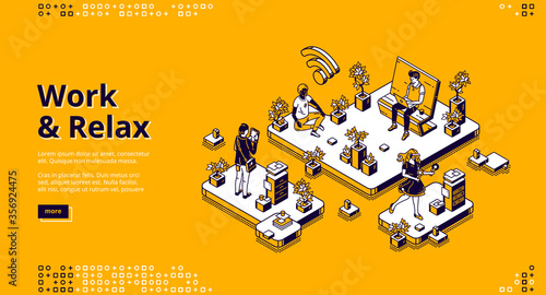 Work and relax banner. Concept of work organization and healthy routine without stress. Vector landing page with isometric office with resting people in meditation and virtual game