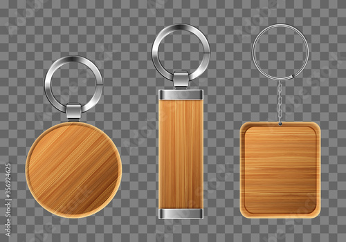 Wooden keychains, keyring holders with metal rings. Brown wood accessories, gift or souvenir trinkets for home, car or office isolated on transparent background. Realistic 3d vector icons, mockup set