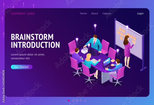 Brainstorm introduction isometric landing page. Business people team develop creative startup project, launch and share ideas sitting at office desk put sticky notes on whiteboard 3d vector web banner