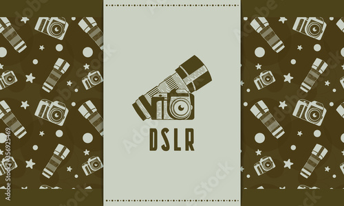 Hand drawn DSLR and lens with seamless pattern vector set
