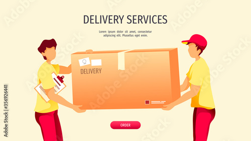 Web page design for Delivery services, Online order, Deliveryman, Cargo transportation. Delivery men carrying a big box. Vector illustration for poster, banner, advertising, website.