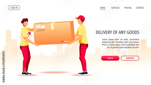 Web page design for Delivery services, Online order, Deliveryman, Cargo transportation. Delivery men carrying a big box. Vector illustration for poster, banner, advertising, website.