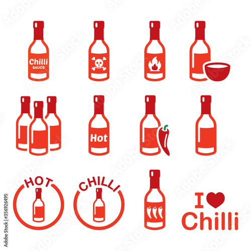 Hot chilli sauce bottle icons set, spicy sauce, Mexican food design
 