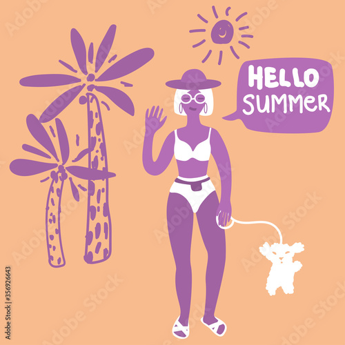 Woman in a swimsuit with white cute dog. Speech bubble Hello Summer. Hand drawn palm illustration. Beach bikini walk Vector stock girl character