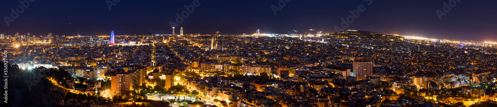 Barcelona city illuminated at night, Catalonia, Spain