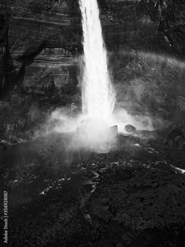 Haifoss waterfall in the highlands of Iceland  Aerial view. Dramatic landscape of Waterfall in Landmannalaugar canyon