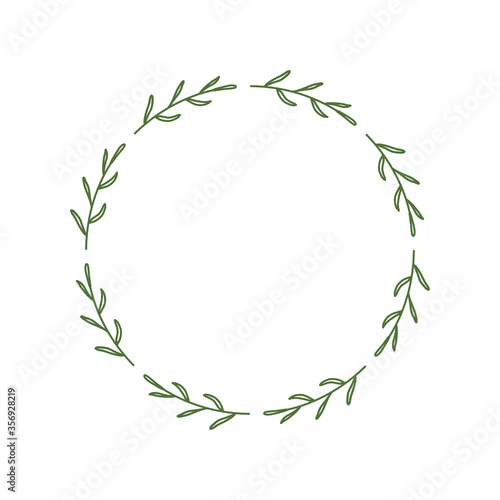 Simple round wreath with contour branches. A border of green leaves. Decorative design element. Doodle frame for logo, invitation, farm house. 
Vector illustration isolated on a white background