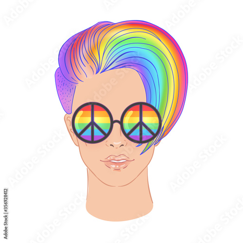 Portrait of a young pretty woman with short pixie haircut. Rainbow colored hair and hippie sunglasses. LGBT concept. Vector illustration isolated on white. Hand drawn art of a modern girl.