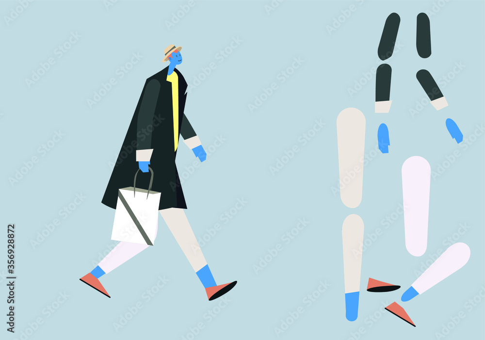 Stylized modern character fo r animation or motion graphic. Side view of a man walking forward. Young man character. Flat vector illustration. Some parts of body Stylized modern character fo r animation or motion graphic. Side view of a man walking forward. Young man character. Flat vector illustration. Some parts of body