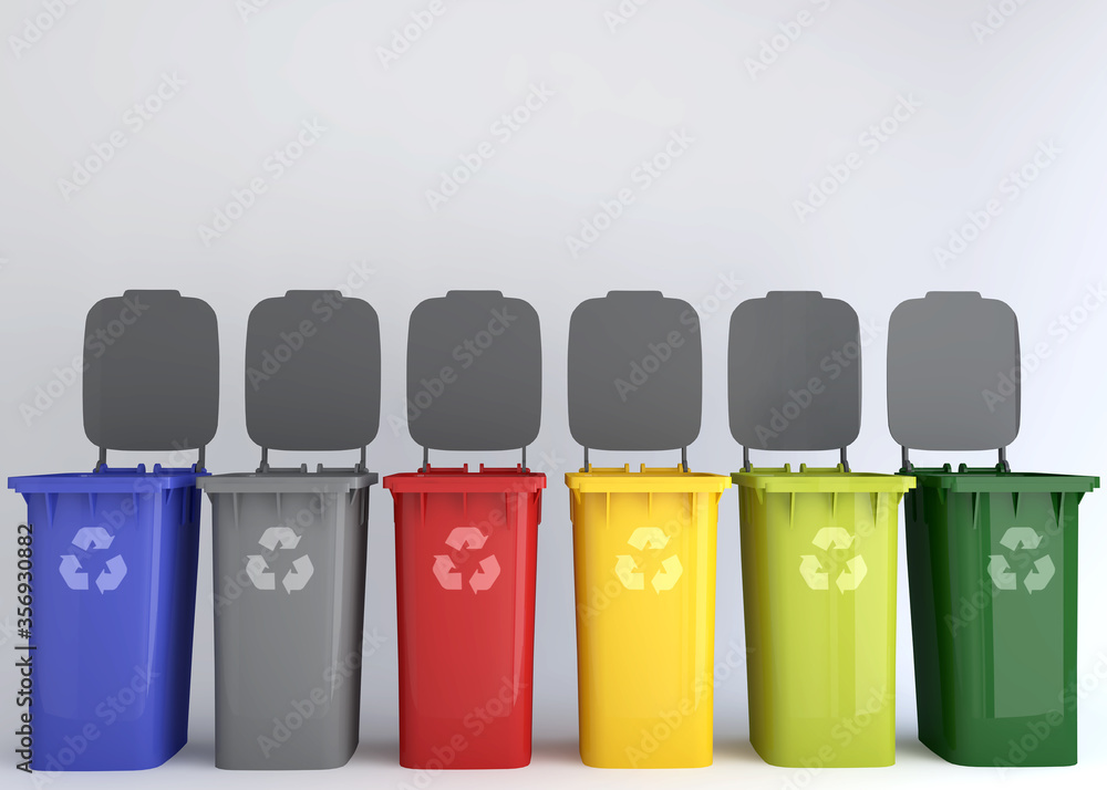 Wheelie bin waste containers set in different colors with recycle symbol, Sorting type of trashes , Concept image for recycling and preserve environment. 3D illustration isolated on white background. Wheelie bin waste containers set in different colors with recycle symbol, Sorting type of trashes , Concept image for recycling and preserve environment. 3D illustration isolated on white background.