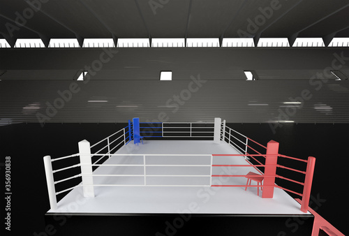 Empty boxing arena. Red and blue fighting stage. Sport concept background. Fighting match advertisement and brochure. 3D illustration. 
