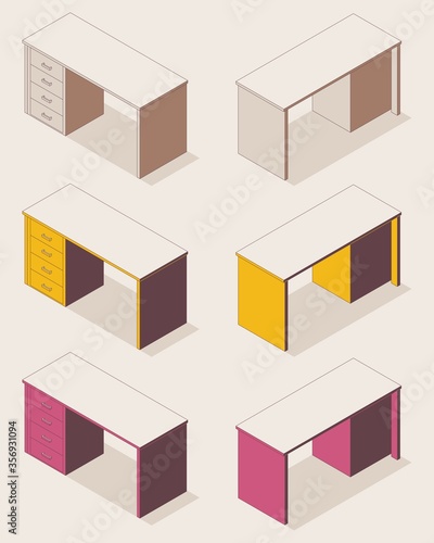 Set of isometric outline colored tables for office, hospital, student, accountant