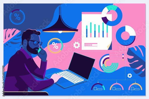 Businessman interacting with charts and analysing statistics and data. Landing page template.