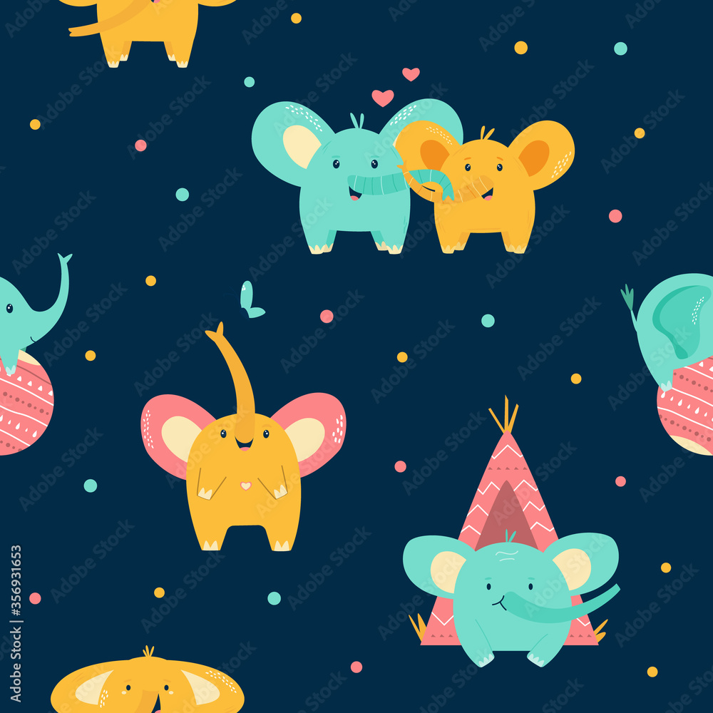Seamless pattern with cute little elephants. Vector illustration