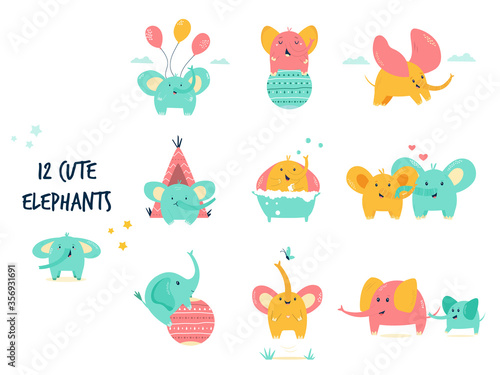 Big set of cute little elephants in different poses. Vector illustration