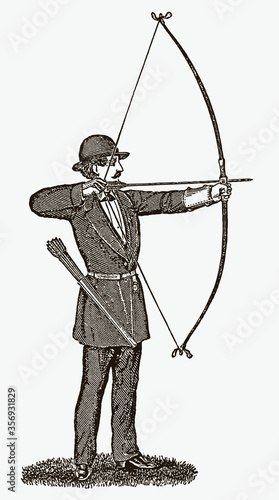 Elegant archer from 19th century drawing a bow, wearing suit and hat