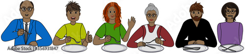 Men and women of different ages are eating. They show different emotions. 
One girl has her mouth zipped shut. She's on a diet.   You can put your own meal on their plates.