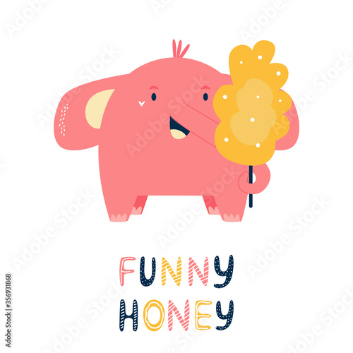 Happy little elephant with cotton candy. Vector illustration