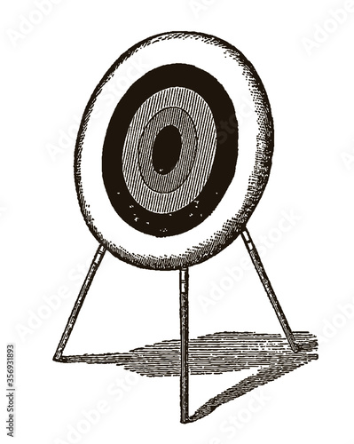Archery target on three-legged stand in three-quarter front view, after antique engraving from 19th century