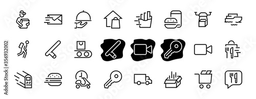 PIZZA DELIVERY, and Food Icon Set Vector thin line, contains courier, home delivery, food ordering, fast transport, drone, ship, car, editable stroke. ICONS circuits