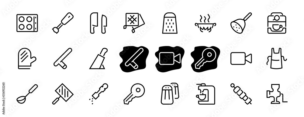 Naklejka premium KITCHEN ICON Cooking process, Kitchen tools, Icon set, thin line vector has a blender, oven, knife, grater, barbecue, apron, barbecue, grill, coffee machine, kitchen glove, Editable stroke