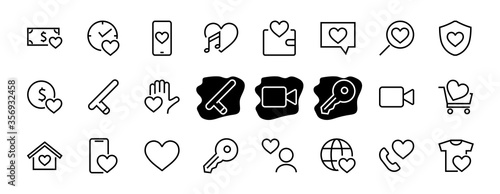 The set of icons about love contains such icons as love of music, declaration of love, heart, favorite home, Linear set. Vector on a white background. Editable stroke. 480x480