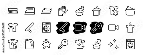 Simple set of washing related vector line Icons. Contains icons such as washing machine, powder, laundry, dirty t-shirt and much more. On a white background, editable stroke. 48x48 pixels perfect