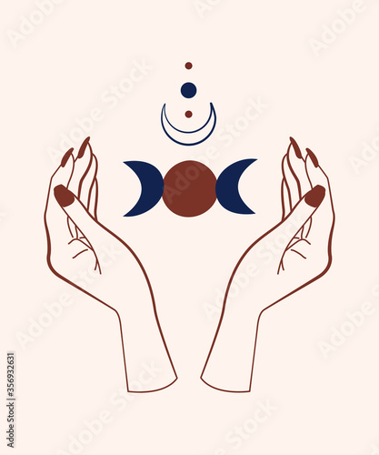 Boho mystical hand drawn illustrations. Triple goddess symbol, magic hands, moon esoteric elements. Occult Art concept