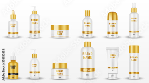 Set of white cosmetic packages with golden cup isolated. Mockup cosmetic containers and jars skin care cream, hair shampoo, spray, oil, gel, lotion bottle. Vector