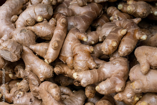 fresh ginger put to sell in the marketplace 