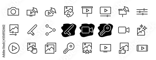 Set of Images Gallery vector line icons. Contains icons such as video, play video, edit images, Business Training, like photo. Editable stroke. Vector illustration