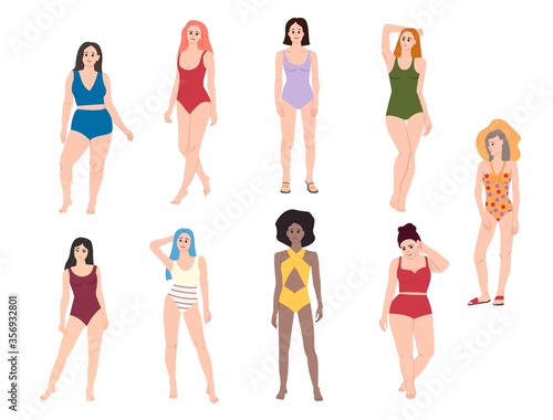 Set of beautiful girls of different races and different build isolated on a white background. 