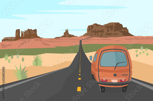 Retro illustration of life in a van passing through the desert in the USA in Arizona