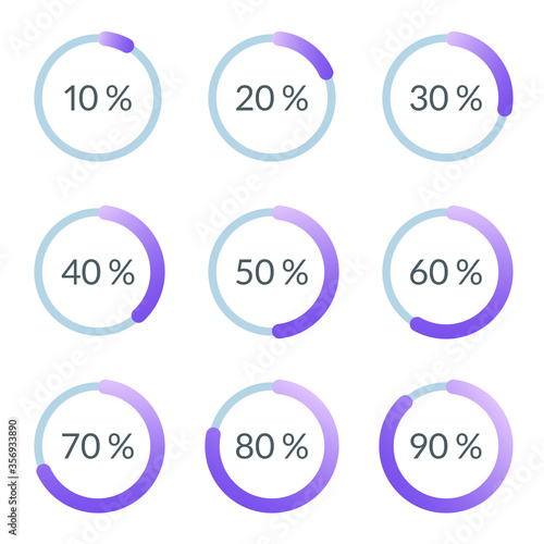 Percentage pie chart set. Circle percent diagram or chart with progress bar. Infographic design template for business process, data statistic, web loading process. Vector illustration.