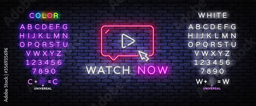 Watch Now neon sign vector. Play button Design template neon sign, light banner, nightly bright advertising, light inscription. Vector illustration. Editing text neon sign