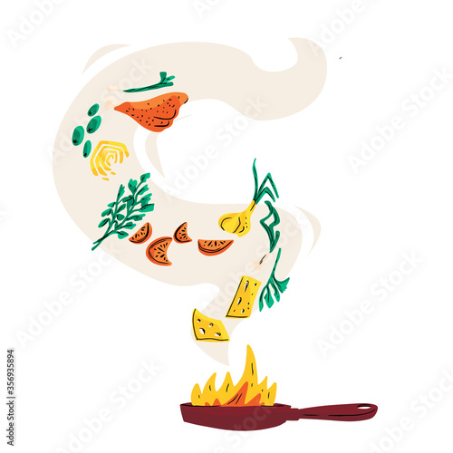 Frying pan design menu background. Cooking process  flat vector illustration in cartoon style