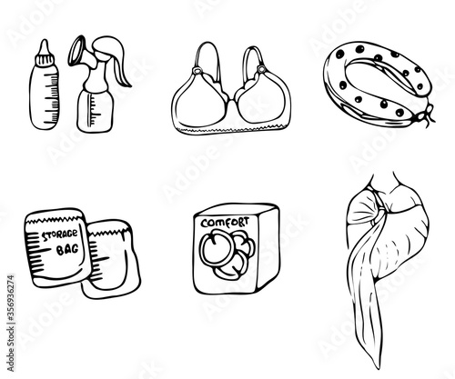 vector linear art isolated on white background set of icons on the topic of breastfeeding, breast pump, milk storage bag, bra for feeding, tabs for bra, pillow for feeding, sling