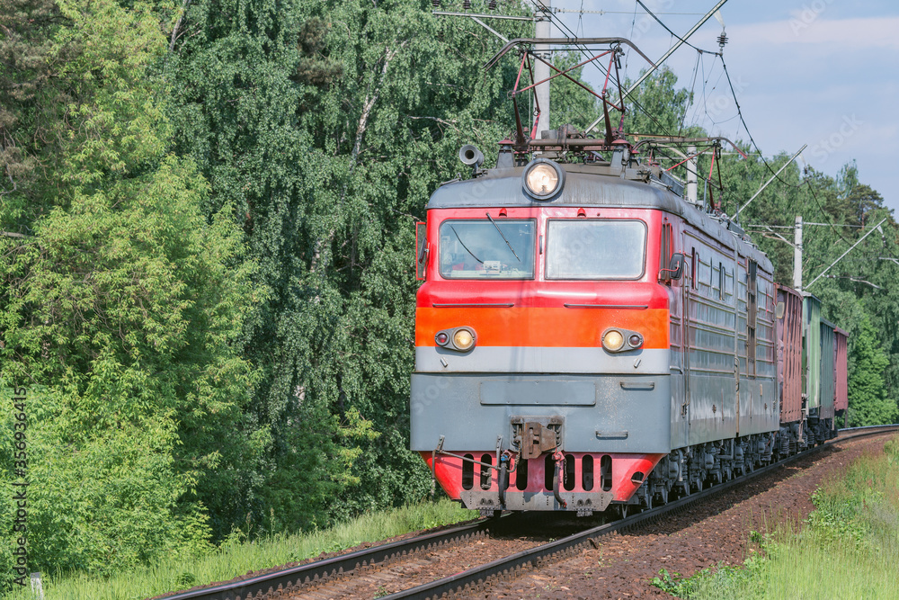Naklejka premium Freight train moves by the spring forest.
