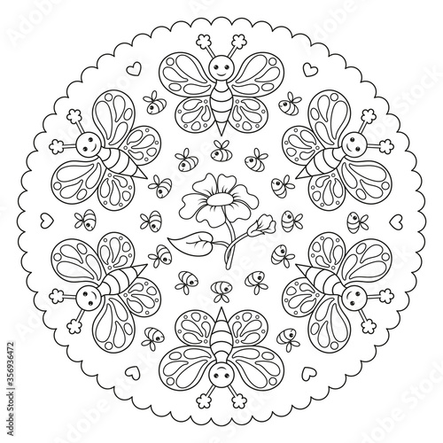 Coloring page mandala with butterfly, bee and a flower. 