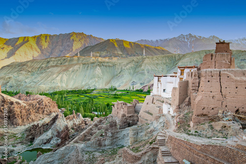 Basgo Gompa and Fort. Beautiful scenic view, ancient fortress and Buddhist Monastery in Bazgo valley in Leh district, Ladakh, Jammu & Kashmir, Northern India