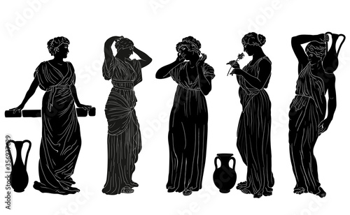 The figure of a young slender woman in a tunic in the ancient Greek style. Set of isolated images on a white background.