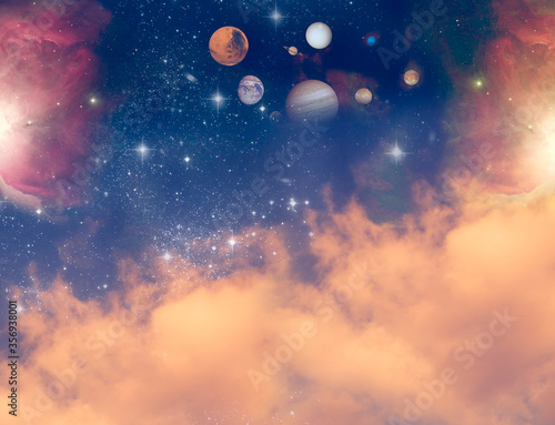 abstract fantasy magic mystic mystical esoteric astrology background with planets, mystical cludy sky and stars  photo