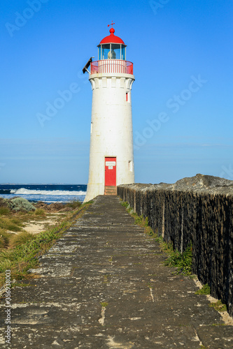 Port Fairy lighthouse (built 1859) on Griffiths Island, Victoria, Australia. 