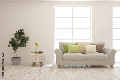 White living room with sofa. Scandinavian interior design. 3D illustration