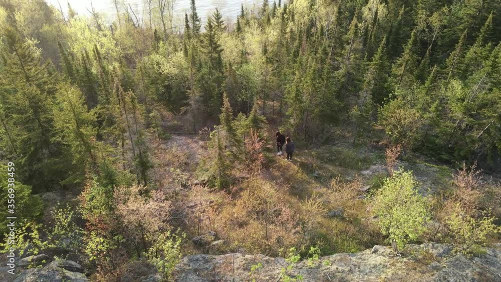 birds eye view of two explorers at Palisade head (forest) during golden hour summer