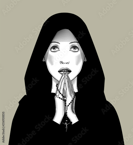 Engraved drawing of a praying woman with a rosary in her hands